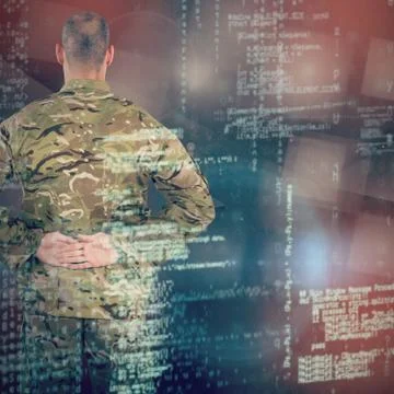 Composite image of rear view of soldier standing with his hands behind back Foto stock