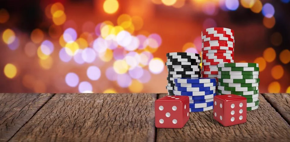 Composite image of red dice with stack of colorful casino tokens Stock Illustration