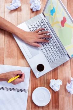 Composite image of red pointer surrounded by blue markers on world map Stock Photos