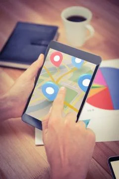 Composite image of red pointer surrounded by blue markers on world map Stock Photos