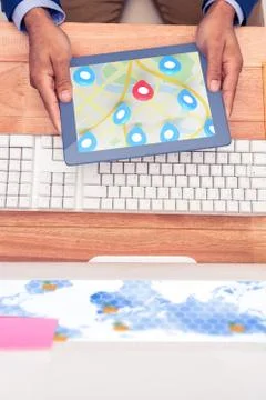 Composite image of red pointer surrounded by blue markers on world map 스톡 사진