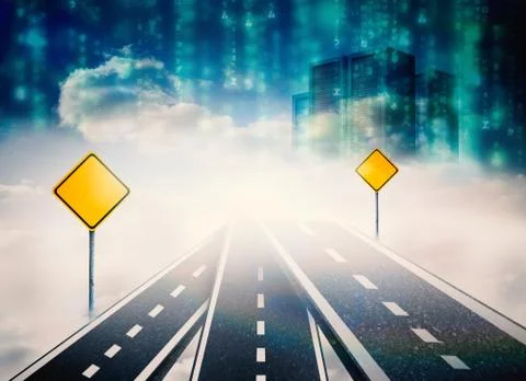 Composite image of road over clouds with road signs on it Stock-Illustration