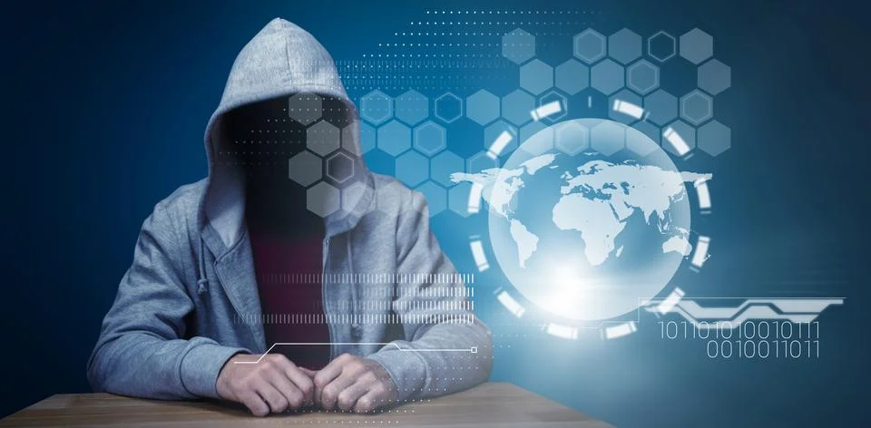 Composite image of robber sitting at table Foto stock