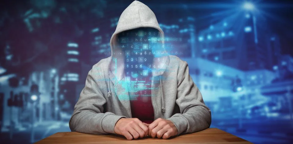 Composite image of robber sitting at table 스톡 사진