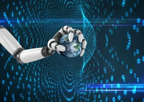 Composite image of Robot hand holding little Earth against digital code binary Illustrazione stock