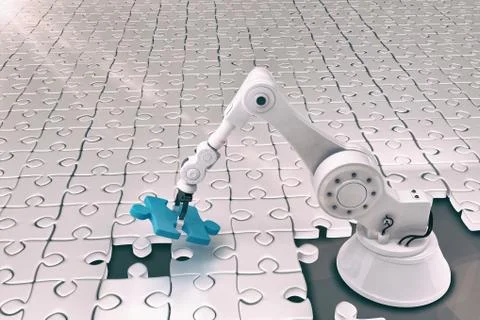 Composite image of robot setting up jigsaw puzzle 3d Illustrazione stock