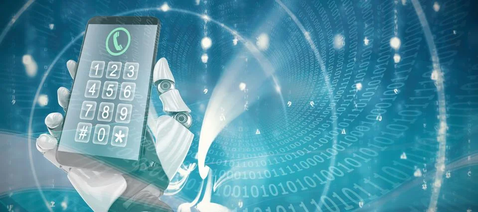 Composite image of robot using smartphone Illustrazione stock