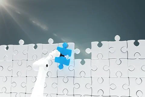 Composite image of robotic arm holding blue jigsaw piece by puzzle 3d 库存插图