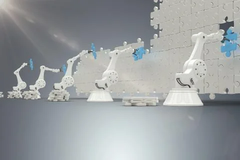 Composite image of robotic arms arranging blue jigsaw piece on puzzle 3d 스톡 일러스트