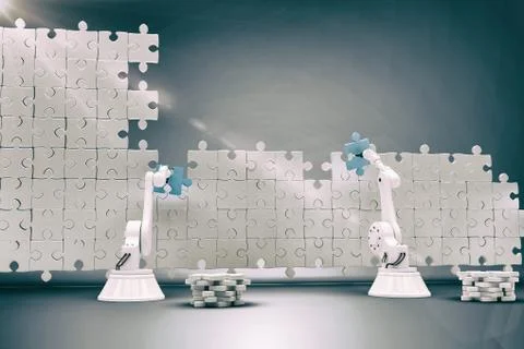 Composite image of robotic arms setting up blue jigsaw piece on puzzle 3d Stock Illustration