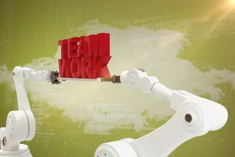Composite image of robotic hand holding red team work text over white background Stock Photos