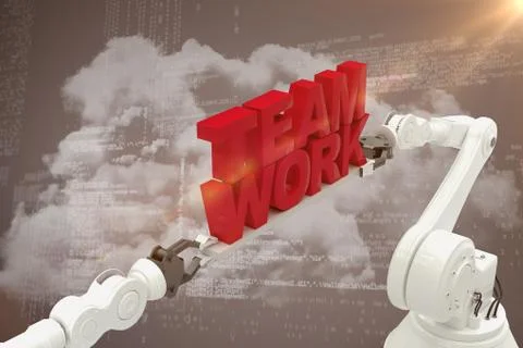 Composite image of robotic hand holding red team work text Stock Photos