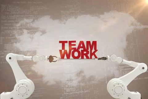 Composite image of robotic hand holding red team work text over beige background Stock-Fotos
