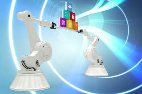 Composite image of robotic hands holding computer icons over blue background Stock Photos