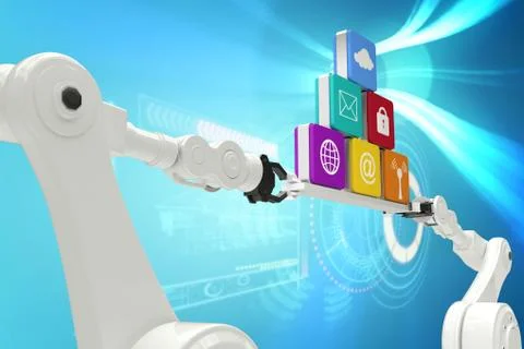 Composite image of robotic hands holding computer icons against blue background Stock Photos