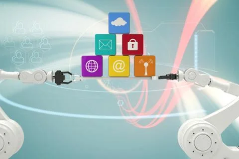 Composite image of robotic hands holding multi colored computer icons over white Stock Photos