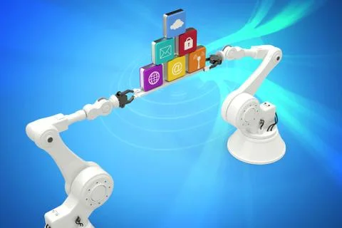 Composite image of robotic hands holding multi colored computer icons over white Stock Photos