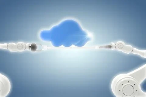 Composite image of robotic hands holding blue cloud over blue vignette Stock Photos