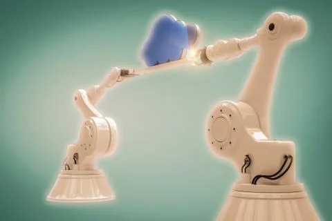 Composite image of robotic hands holding blue cloud against green background Stock Photos