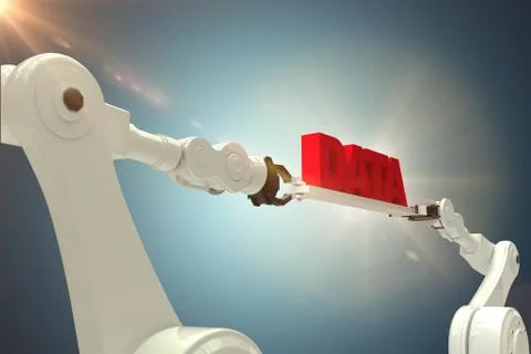 Composite image of robotic hands holding red data text against grey background Stock Photos