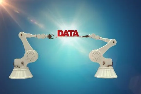 Composite image of robotic hands holding red data message against blue Stock Photos