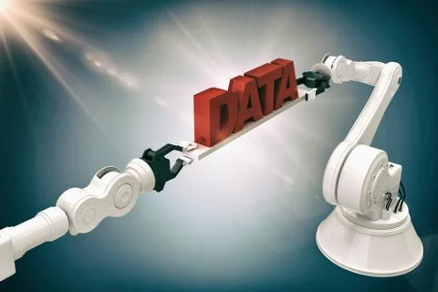 Composite image of robotic hands holding data text over grey background Stock Photos