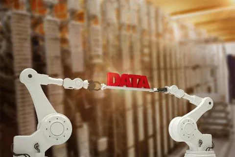 Composite image of robotic hands holding red data text Stock Photos