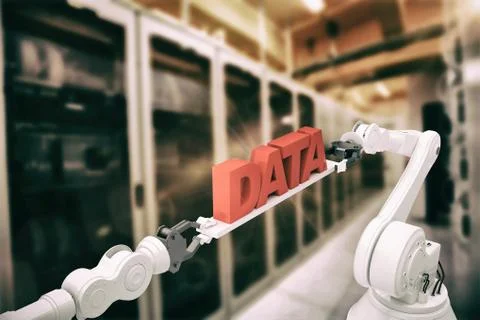Composite image of robotic hands holding data text Stock Photos