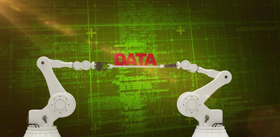 Composite image of robotic hands holding red data message 写真素材