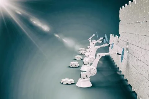 Composite image of robotic machineries setting up blue jigsaw piece on puzzle 3d Stock Illustration