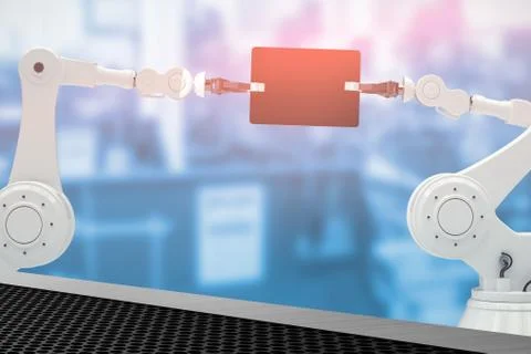 Composite image of robots and digital tablet against white background 3d Illustrazione stock