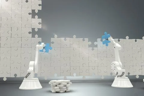 Composite image of robots arranging jigsaw pieces on puzzle 3d イラスト素材