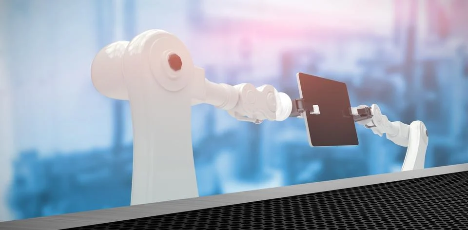Composite image of robots holding digital tablet 3d Illustrazione stock