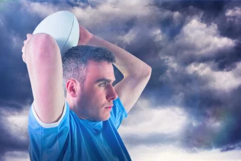 Composite image of rugby player about to throw a rugby ball 3D Stock Photos