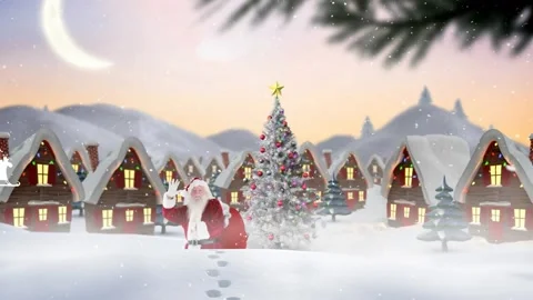 A composite image of santa claus in front of decorated houses, with falling snow Stock Footage 327714504