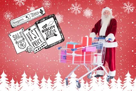 Composite image of santa pushes a shopping cart with presents Illustrazione stock