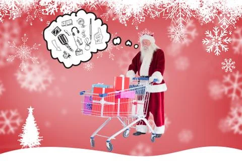 Composite image of santa pushes a shopping cart with presents Stock Illustration