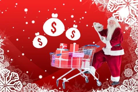 Composite image of santa pushes a shopping cart while reading Stock Illustration