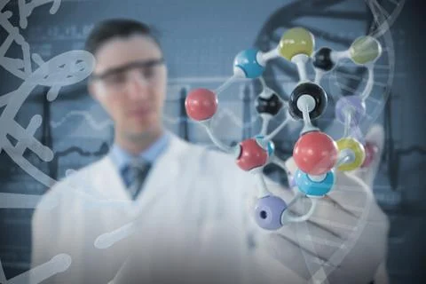 Composite image of scientist experimenting molecule structure 3D 스톡 사진