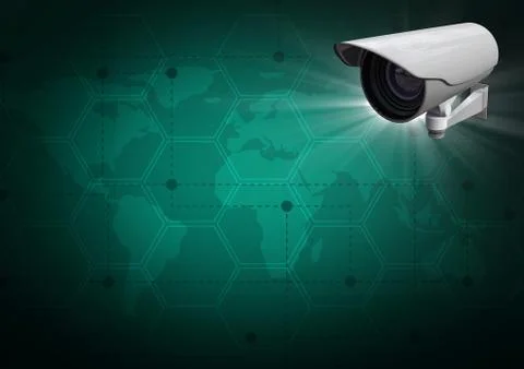 Composite Image of a Security camera against a green map background Illustrazione stock