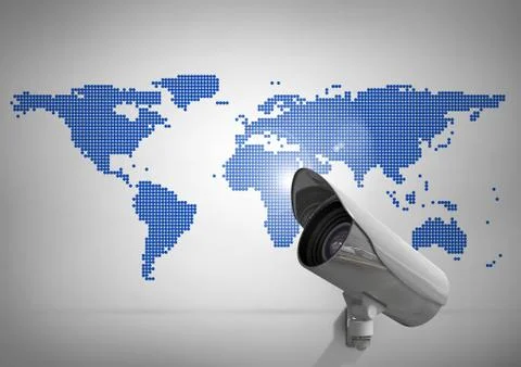Composite image of Security camera against white and blue map background Stock Illustration