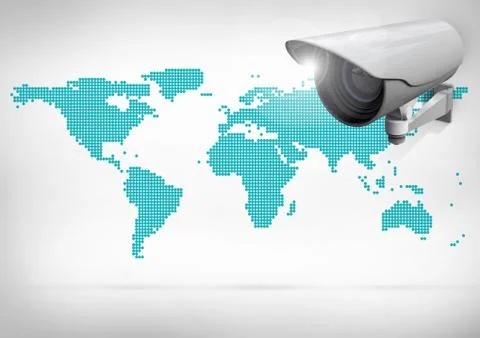 Composite Image of a Security camera against a blue and white map background Stock Illustration