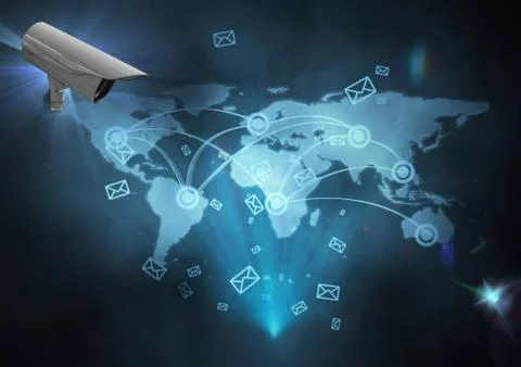 Composite Image of Security camera against blue map with interface background Stock Illustration