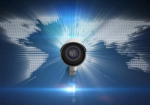 Composite image of Security camera against white and blue map background Illustrazione stock