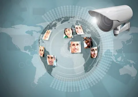Composite Image of Security camera against blue map with globe background Illustrazione stock