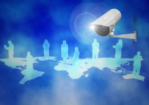 Composite image of Security camera against a blue map with people background Illustrazione stock