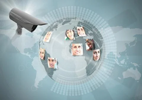 Composite Image of a Security camera against a blue map with globe background Stock Photos