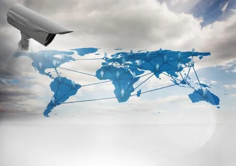 Composite Image of Security camera on blue map with sky against a white Stock Illustration