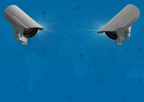 Composite Image of a Security cameras against blue map background Stock Illustration