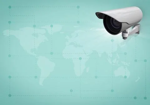 Composite Image of a Security cameras against a blue map background Stock Illustration